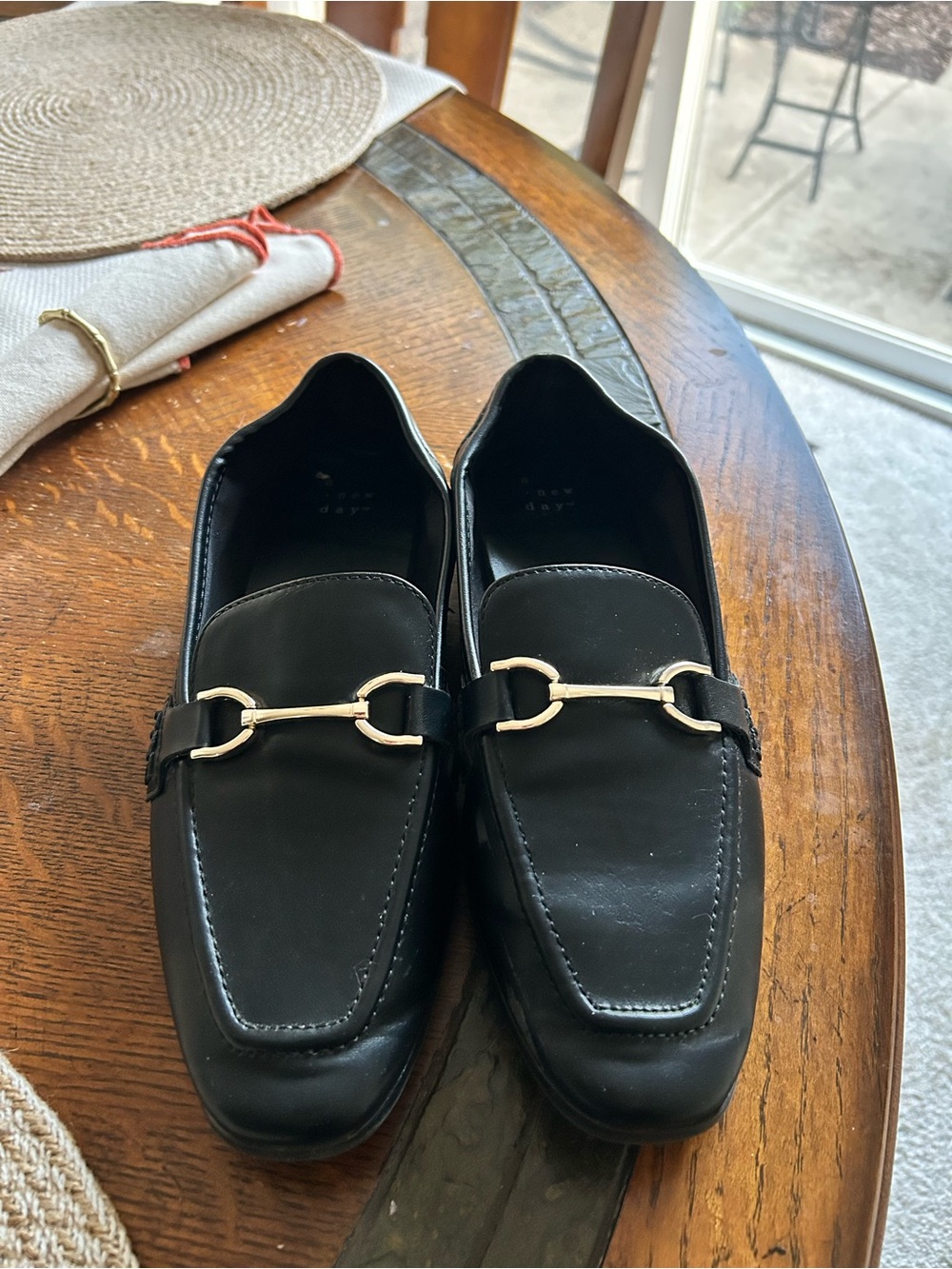a new day Black Leather Bit Loafers with Gold Hardware